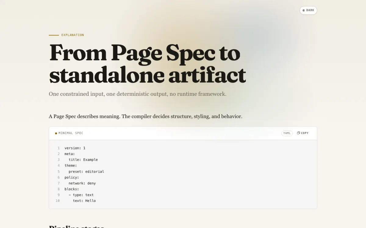 The explain gallery page compiled by AK Render in the editorial theme, showing its serif title and the compile pipeline tabs